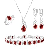 LMXXVJ Red Jewelry Set For Women,Created Red Garnet Necklace Ring Earrings Bracelet Costume Jewelry Set Birthday Mother's Day Thanksgiving Gift,Silver-Tone
