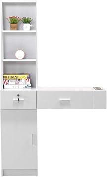 Salon Station Barber Wall Mounted Hair Styling Storage Cabinet Hairdresser Beauty Salon Spa Equipment Storage Table Shelf with Drawer and 3 Dryer Holder - White