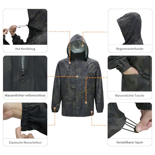LOOGU Camo Regenanzug – Regenausrüstung für Herren, wasserdicht, leichter Regenmantel, atmungsaktive Herren-Regenjacken, Kapuze