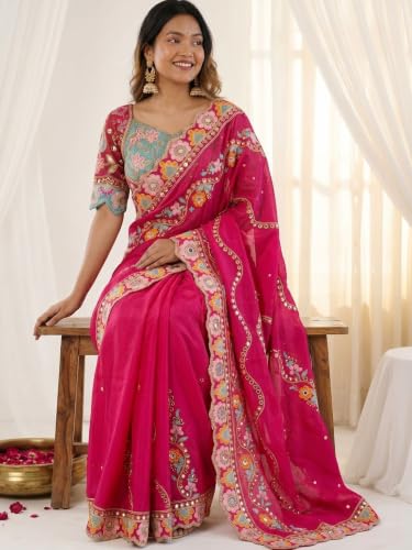 Image of AKHILAM Women's Pure Georgette Embroidered Saree With Unstitched Blouse Piece