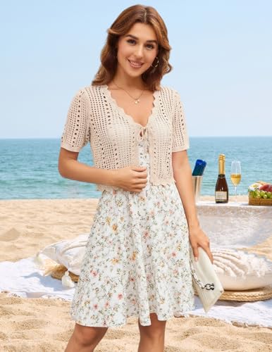 Image of Kate Kasin Women Crochet Shrug Knit Sweater, Short Sleeve Cropped Cardigan | Tie Front Tops Light Weight, Knit Cover Up Arm Bolero For Evening Dresses Dressy Casual, Ladies Eyelet Shawl Thin Formal