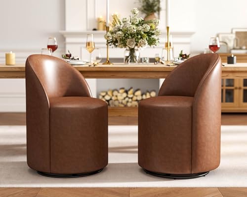 Wahson Faux Leather Swivel Dining Chair Set of 2, Modern Upholstered Barrel Accent Chair with 360 Degree Rotation, Brown Vanity Chair for Dining/Living Room, Bedroom, Makeup Room