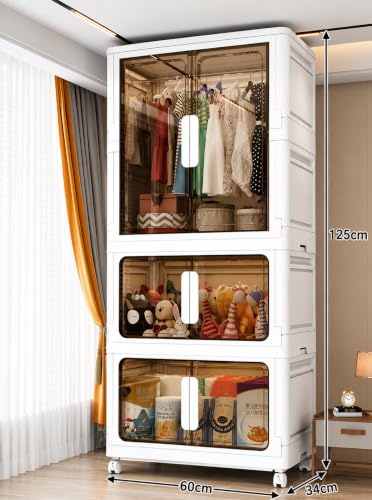Image of Plastic Wardrobe for Cloths | 3 Layer Stackable Almirah with Hanging Rod, Transparent Doors, Wheels | Foldable Storage Cabinet Organizer for Clothes /Books /Toys (Double -White, 3-Door)