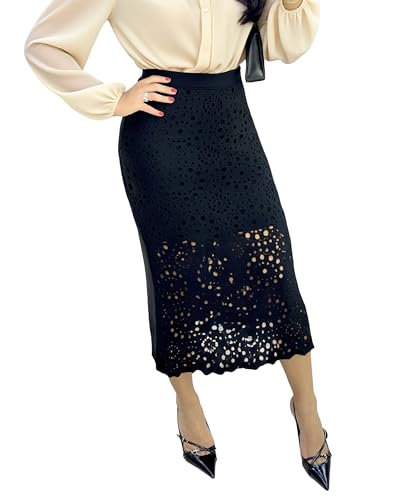 CHICME Casual Hollow Out Crochet 2025 Mid Calf Skirt for Women Elegant Eyelet Lace Casual High Waisted A-Line Skirt