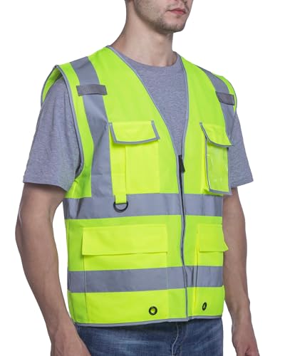 sesafety Safety Vests Reflective with 9 Pockets and Zipper,Class 2 Construction Vest for Men Neon Yellow XL