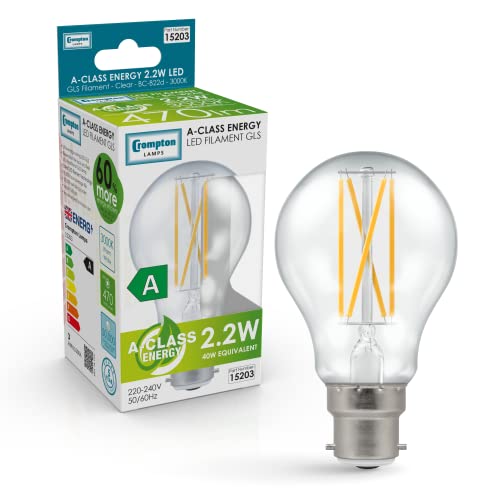 Crompton Lamps Ultra-Efficient LED Filament Light Bulb GLS 2.2W BC-B22 Bayonet A-Class Warm White Clear (40W Equivalent)