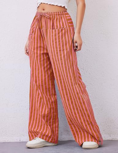Striped Pants Women Wide Leg Trousers Drawstring Low Rise Casual Loose Lounge Pajama Pants with Pockets2