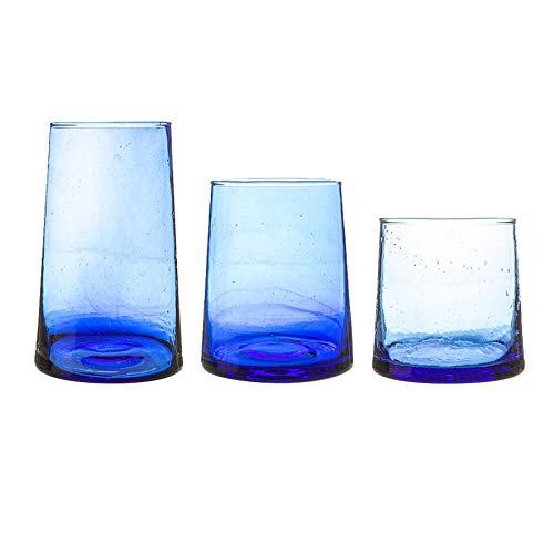 Nicola Spring 18pc Merzouga Recycled Glassware Set - Blue Glass - Sustainable Hand-Blown Moroccan Tumblers & Highball Glasses for Juices, Cocktails, Water, Home, Bar, Dining Table, Eco-Friendly Gift