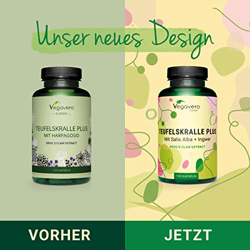 Teufelskralle Kapseln Vegavero | 550 mg | Mit Weidenrinde (Salix alba) & Ingwer | 2% Harpagoside aus Harpagophytum procumbens | Vegan & Ohne Zusätze | 120 Stück