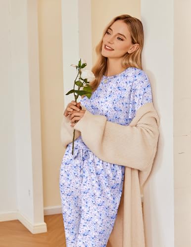 Image of Ekouaer Pajamas for Women Set 2 Pack Lounge Set Short Sleeve Pjs Joggers Long Pants Loungepwear with Pockets
