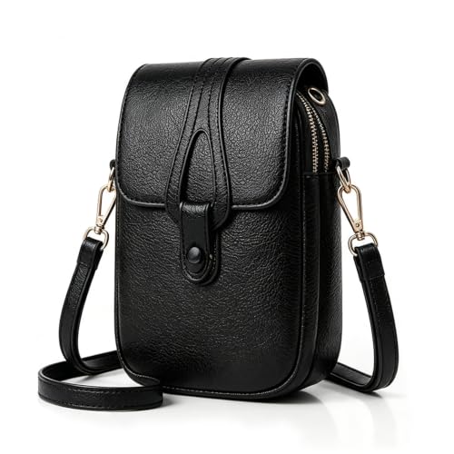 Bolsa Tiracolo Feminina Pequena de Ombro em Couro PU Estilo Carteiro, Transversal Elegante, Cabe Celular, Casual para Uso Diário (Preto)