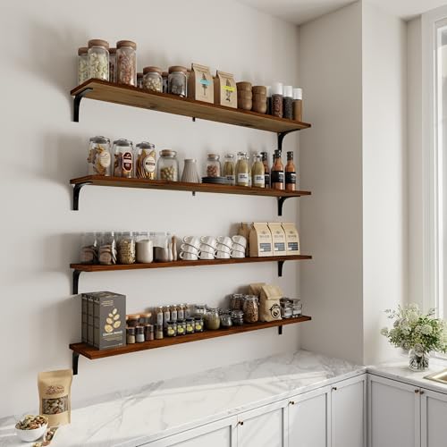 Image of 12 Inch Deep Floating Shelves Set of 4, 60 Inch Extra Long Walnut Solid Wood Wall Shelves, 5ft Heavy Duty Farmhouse Wall Mounted Shelving for Kitchen, Living Room & Bedroom