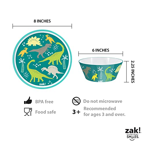 Zak Designs 5-Piece Dinnerware Set, Dinosaur - Durable Plastic & Stainless Steel - Includes Water Bottle, 8-Inch Plate, 6-Inch Bowl, Fork & Spoon - Suitable for Kids Ages 3+