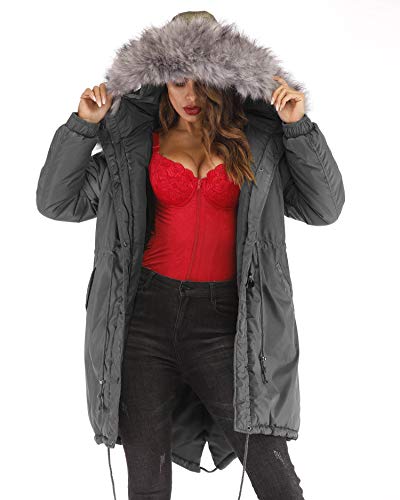 Roiii Women Casual Winter Warm Thicken Down Faux Fur Coat Outdoor Hood Parka