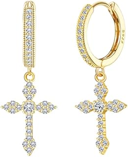 KRFY Cross Earrings 925 Sterling Silver for Women Men Dainty CZ Huggie Hoop Earrings Cross Dangle Earrings Lightweight Huggie Earrings 18K Gold/Silver