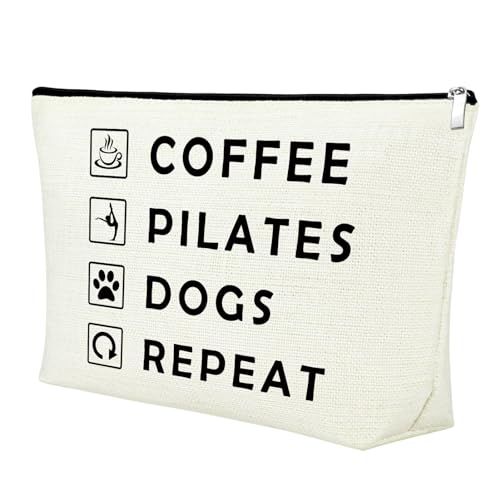 Mxrymvu Coffee Lover Gifts Makeup Bag Pilates Lover Gift Travel Bag Pilates Gifts for Women Birthday Zipper Pouch Funny Dog Lover Gifts New Pet Owner Gifts Coffee Pilates Dogs Repeat Cosmetic Bag