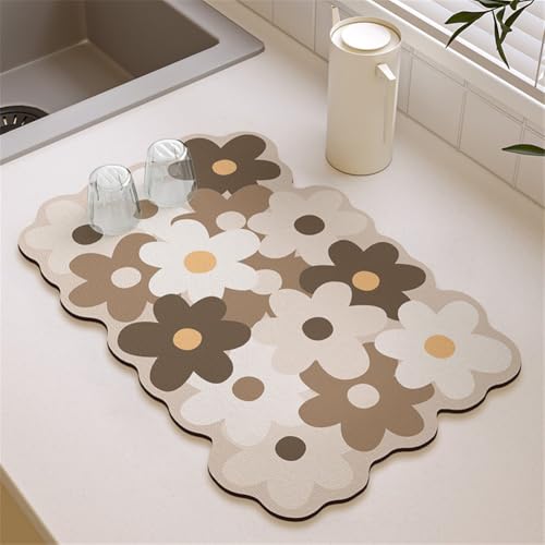 Highdi Alfombrilla Escurreplatos, Antideslizante Alfombrilla Fregadero Cocina Súper Absorbente Alfombra Secado de Platos, para Mostrador de Cafetera Mesa de Comedor (40x50cm,flores marrones 1)