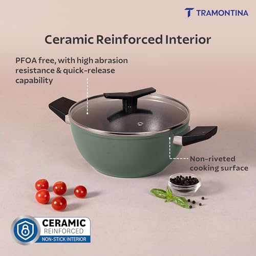 Image of TRAMONTINA Aura Extra Deep 28cm Kadai with Lid, 5.6L | Reinforced Ceramic Non-Stick Cookware | Quick & Even Heating | Low-Oil Cooking | Bakelite Handle | All Cooktop Compatible | Sea Green