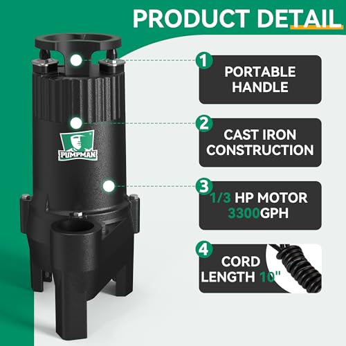 Pumpman 1/3Hp Submersible Sewage Effluent Pump, Cast Iron Construction Utility Pump, 23Ft 3300 Gph Automatic Float Switch, Sump Pump For Basement thumb #5