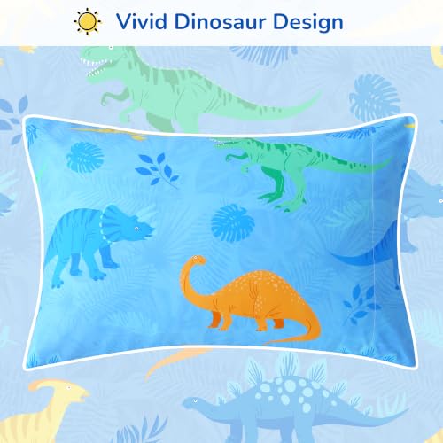 Image of Viviland Toddler Comforter Sets, 4 Pieces Bedding Sets, Dinosaur Pattern | Microfiber Blue Dino Bed Set, Boys, Breathable & Soft, Comforter, Bed Sheet, Fitted Sheet and Pillowcase, Machine Washable