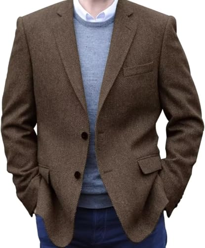 Mens Herringbone Tweed Blazer Men Vintage Suit Jacket Lightweight 2 Button Brown Business Sport Coat Jackets XL