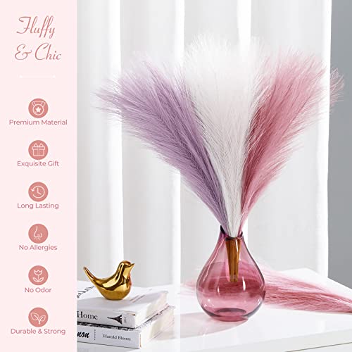 Image of Serwalin Faux Pampas Grass Pink Purple Decor 17 Inch 6pcs, Small Vase Filler Artificial Pampas Grass Arrangements, Boho Bathroom Living Room Wedding Home Pompous Flowers Party Decoration