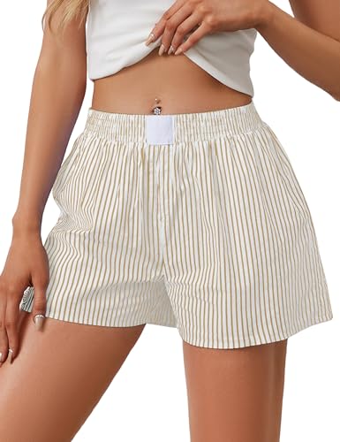 Image of Ythomm Womens Lounge Shorts Y2k Striped Print Elastic Waist Pajama Shorts Cute Boxers Bottoms With Pockets Comfy Sleepwear, X-Large, Yellow-white