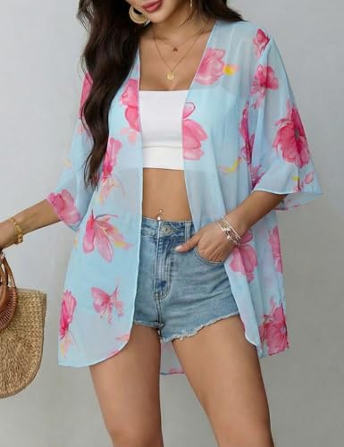 Image of Chunoy Women Floral Beach Wear Cover Up Chiffon Kimono Cardigan Open Front Blouse Top