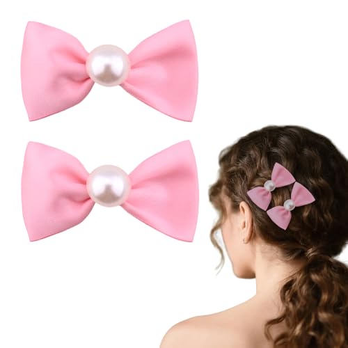 Pearl Bow Hairclip for Girls Toddlers Hair Accessories Pink Satin Ribbon Hairpins Mini Bowknot Barrettes Clips for Thin Short Hair Barrette Birthday Wedding Party Hairpin Pack of 2 image 4