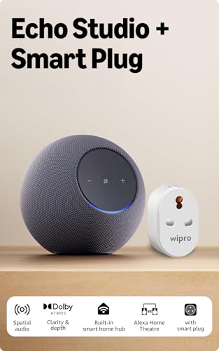 Image of Amazon Echo Studio (newest model), Alexa speaker with immersive spatial audio and Dolby Atmos, hands-free smart home management, Bluetooth, Graphite, combo with 16A Smart Plug