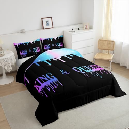 Image of Feelyou King and Queen Kids Comforter Twin, Purple Blue Mr Mrs Comforter Set for Man Woman His and Hers Bedding Set Presents Duvet Set with 1 Pillow Case