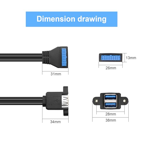 GINTOOYUN Motherboard 19/20Pin to Dual USB3.0 Cable Motherboard 19/20Pin Right Angle Female to Dual USB3.0 Female Panel Mount Cable with Two Panel Mount Screws(19Inch) (Upward bend) - Image 2
