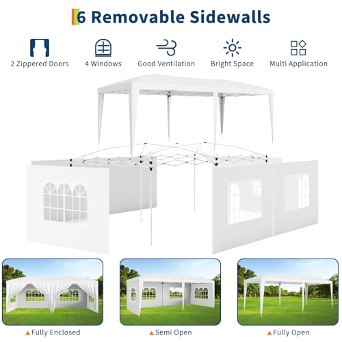 10x20 Heavy Duty Pop Up Canopy Tent with 6 Removable Sidewalls, Easy Up Commercial Canopy Tents for Parties, Large Outdoor Canopies with 3 Adjustable Heights, Stakes X18, Ropes X6,White