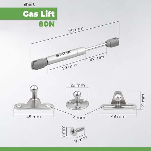 ATM Gasdruckfeder Kurz 80N 180 mm für Möbelklappen – Gasdruckdämpfer 4er Set, Klappenbeschlag 90°, Gasfeder Küchenschrank