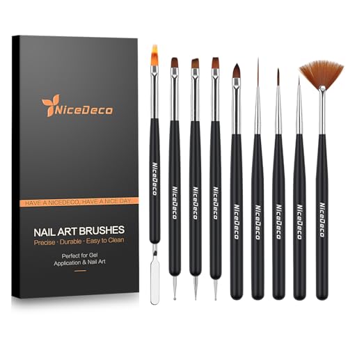 Nicedeco Nail Brushes, 9 Pieces Nail Art Pens, Double Ended Brushes Set Painting Drawing Dotting Manicure Line Tool Designs French Manicure for Home Salon DIY Decoration