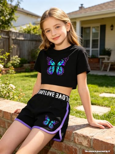 Image of Betusline Girls Summer 2 Piece Outfits,Kids Short Sleeve Crop Top & Shorts Set with Side Pockets