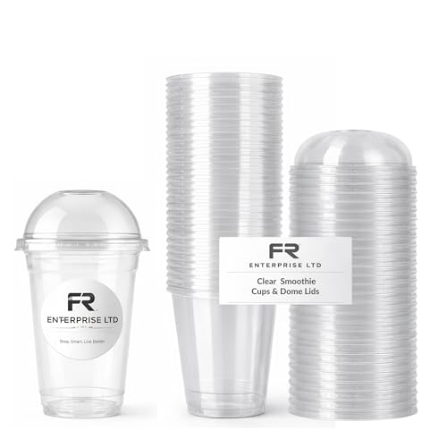 Image of FR Enterprises Strong Clear Smoothie Cups with Dome Lids - 50 Pack 8oz (236ml) Milkshake Reusable Plastic Cups for Iced Tea, Coffee, Cold Drinks