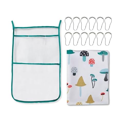 Stitch and Stone Fabric Shower Curtain Set, Polyester Liner with Hanging Bath Caddy Organizer to Hold Accessories, and 12 Hook Set 70" x 72" 14 Piece Set - Mushroom Party Cover