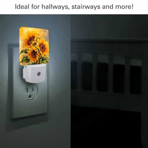 Image of LED Night Light,Watercolor Yellow Sunflower LED Night Light Plug into Wall with Dusk to Dawn Light Sensor White Energy Efficient Nightlight for Bedroom Bathroom Hallway Living Room Kitchen