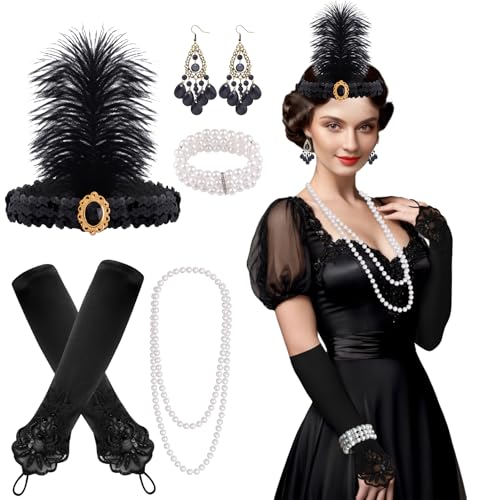 FEPITO 1920er Flapper Great Gatsby Accessoires Set - Fashion Roaring 20's Theme Mit Stirnband Kopfschmuck, Lange Schwarze Handschuhe, Halskette,...
