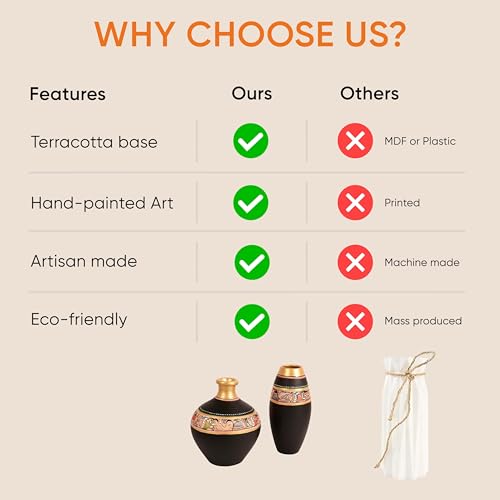 Image of Aakriti Art Creations Vase Earthen Black Madhubani Set of 2 | Hand-Painted Terracotta Flower Vases | Matte Finish Decorative Vases for Living Room, Table Decor & Gifting