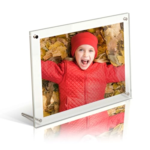 Get Acrylic Photo Frames - 10x8 Modern Certificate/Desktop Photo Frame Clear Acrylic Frameless Display With 4 Corner Posts and 2 Metal Supports 25.4cm x 30.3cm (For Landscape or Portrait)