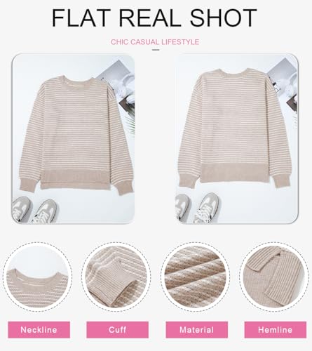 SHEWIN Womens Tops Dressy Casual Soft Lightweight Pullover Sweater Crewneck Long Sleeve Top Striped Knit Sweaters for Women 2025,US 12-14(L),Khaki Striped