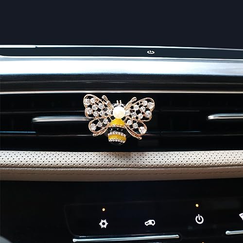 Image of ORIESSE 2pcs Yellow Bee Car Air Freshener Vent Clips,Cute Bling Bee Car Accessories for Women,Girly Pearl Dashboard Decorations