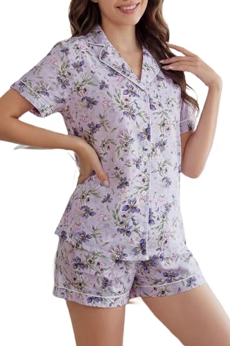 Image of LUBOT 100% Cotton Pajamas for Women 2 Piece PJ Set Poplin Woven Lightweight Ladies Button Short Sleeve Sleepwear S-XXL
