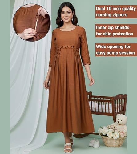 Image of DUMMY SHAPE Maternity Gown for Women | Floral Anarkali Flare Kurta with Dual Nursing Zippers | Pregnancy & Breastfeeding | Feeding Kurtis | Baby Shower | Mom to Be Gifts for Pregnant Woman Rust Brown