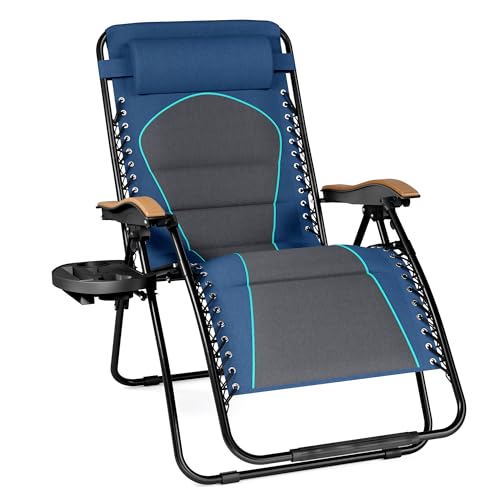 PHI VILLA XXL Oversized Padded Zero Gravity Chair, Foldable Patio Recliner, 30' Wide Seat Anti Gravity Lounger with Cup Holder, Support 400 LBS (Blue Accent)