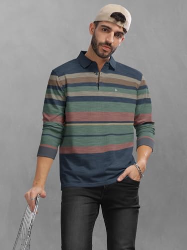 Image of BULLMER Striped Textured Printed Polo Neck Fullsleeve T-Shirt with Rib for Men