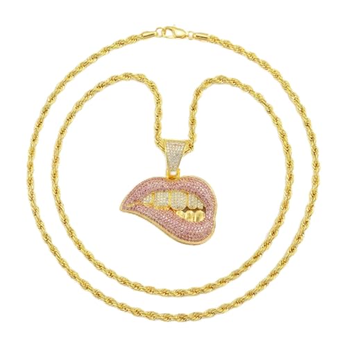 LCWLJL Shiny Sexy Pink Lip Initial Pendant With Fashion Jewelry For Men And Women, Hip Hop Charm Choker Necklace (golden)