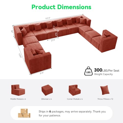 Image of MONVANE Oversized Boneless Sectional Couches for Living Room, 12-Seat Cloud Couch, Modular Sofa with Ottoman & 12 Throw Pillows, Comfy Chenille, No Assembly Required, Red